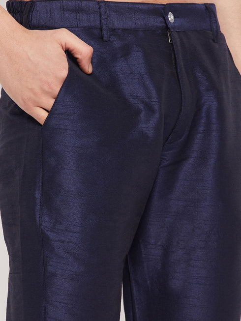 Vastramay Men's Aqua Blue Silk Blend Kurta and Navy Blue Pant Style Pyjama Set